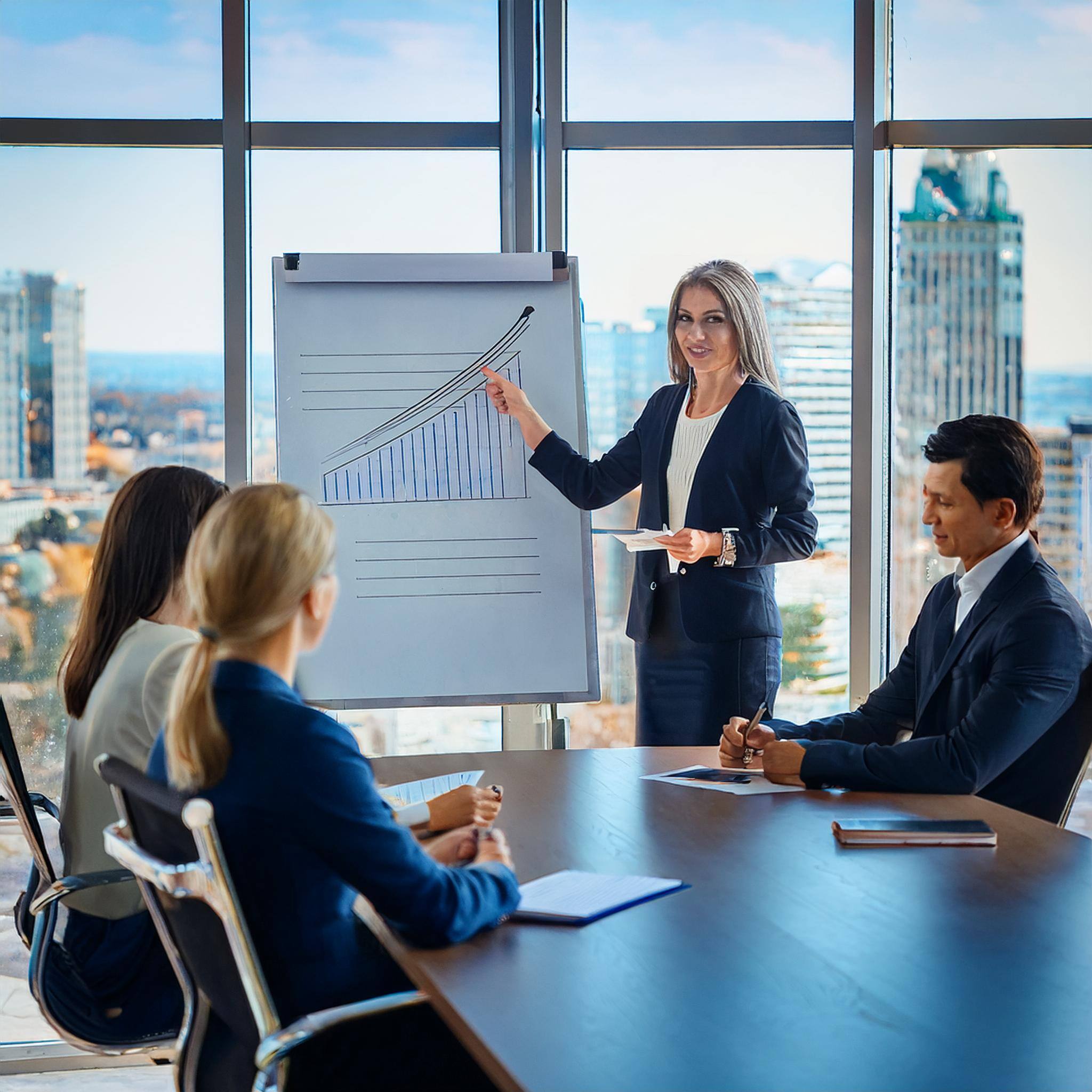 Firefly Professional woman. Presenting on a whiteboard, showing a positive-trending graph