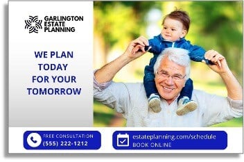 Postcard with a photo of a grandpa and his grandchild promoting estate planning